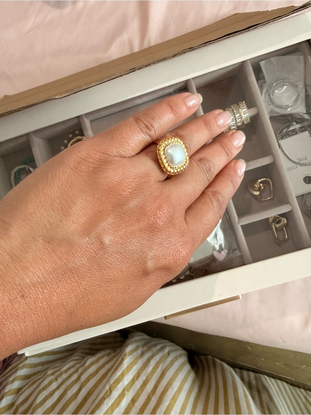Gold-Tone Statement Ring with Ivory Cabochon